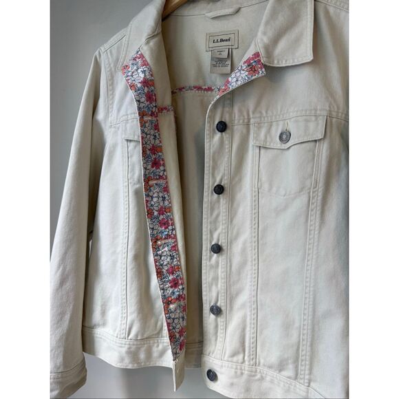 Vintage L.L Bean 100% Cotton Beige/Cream Denim Jacket With Floral Trim - Picture 2 of 11